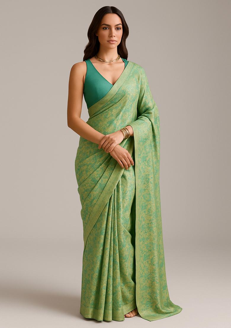 Mint Green Brocade Pre Draped Saree Set
