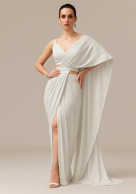 White Sequin Embroidered Organza Pre Draped Saree Set