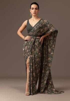 Grey Sequin Embroidered Organza Pre Draped Saree Set