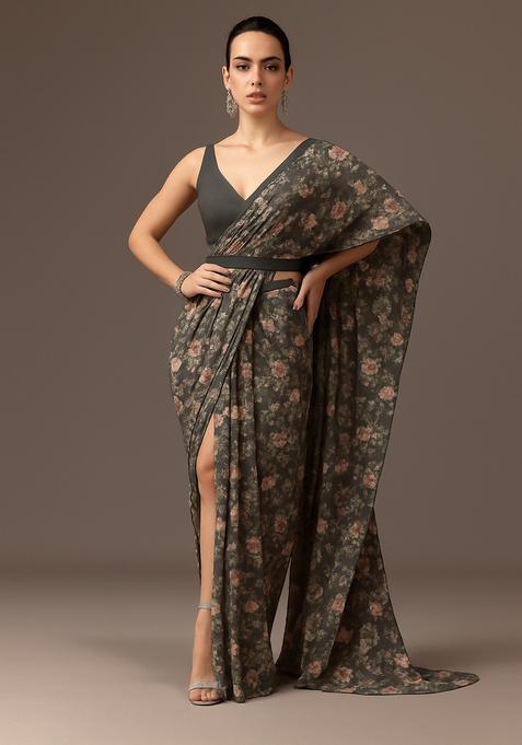 Grey Sequin Embroidered Organza Pre Draped Saree Set