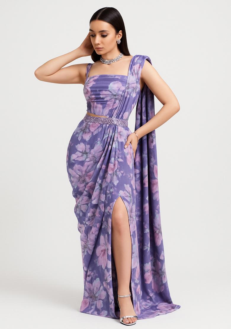 Lilac Printed Satin Pre Draped Saree Set