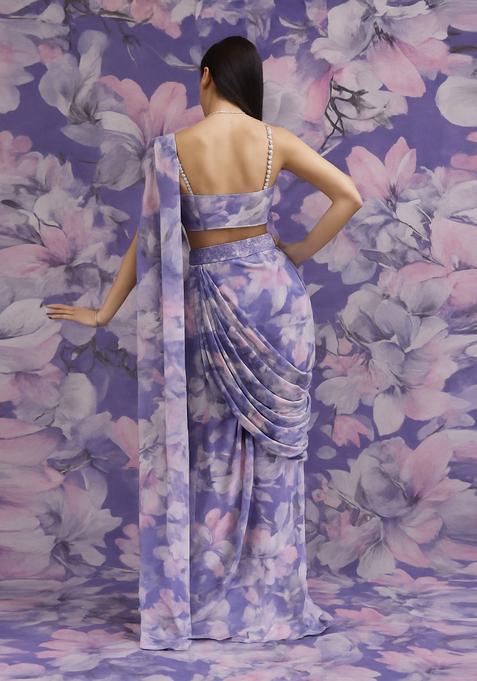Lilac Printed Satin Pre Draped Saree Set
