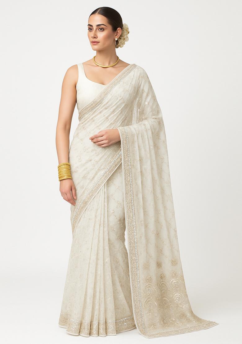 White Embroidered Georgette Pre Draped Saree Set