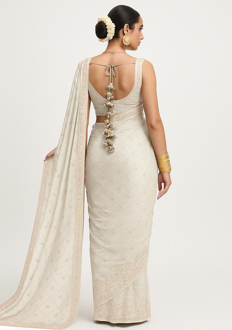 White Embroidered Georgette Pre Draped Saree Set