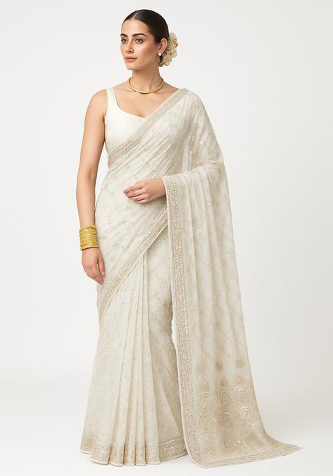 White Embroidered Georgette Pre Draped Saree Set