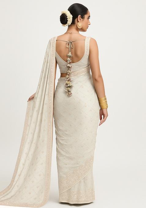 White Embroidered Georgette Pre Draped Saree Set