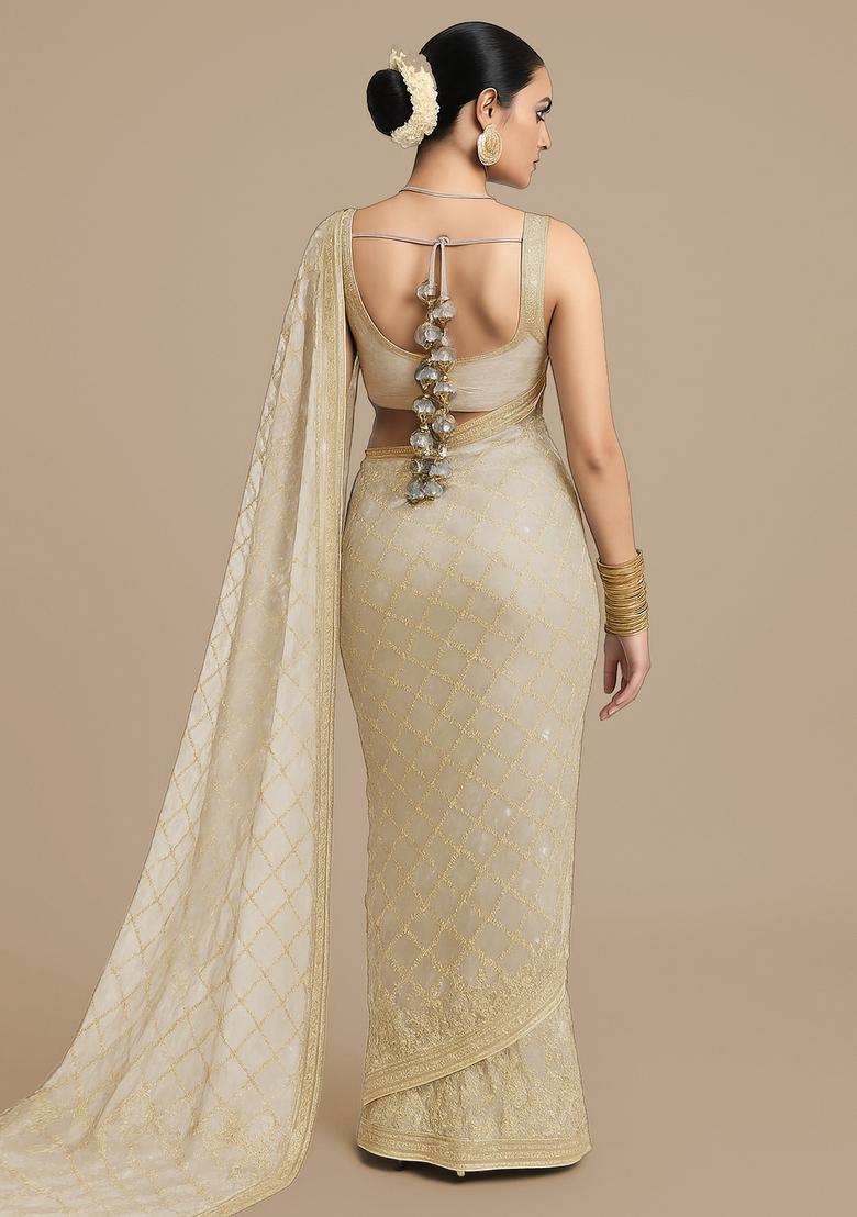 Cream Embroidered Georgette Pre Draped Saree Set - Indya