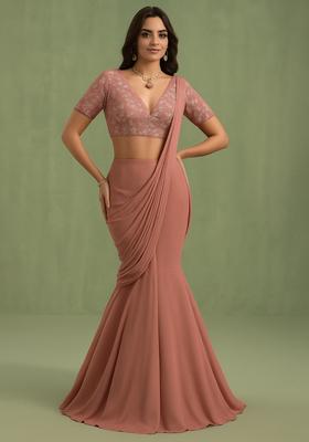 Peach Embroidered Blouse Georgette Pre Draped Saree Set