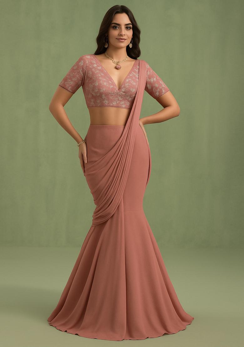 Peach Embroidered Blouse Georgette Pre Draped Saree Set