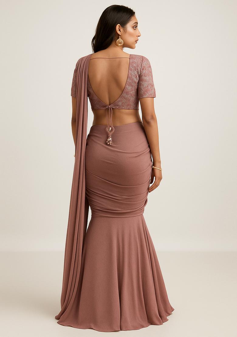 Peach Embroidered Blouse Georgette Pre Draped Saree Set