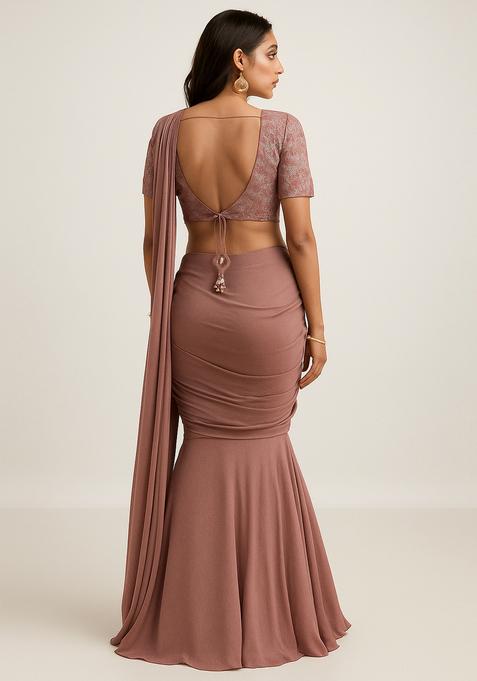 Peach Embroidered Blouse Georgette Pre Draped Saree Set