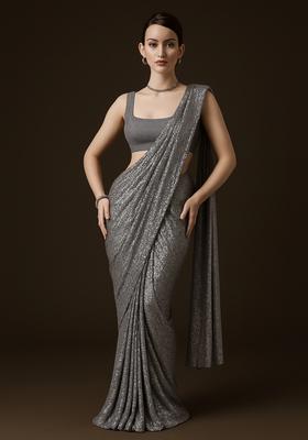 Grey Sequin Georgette Pre Draped Saree Set