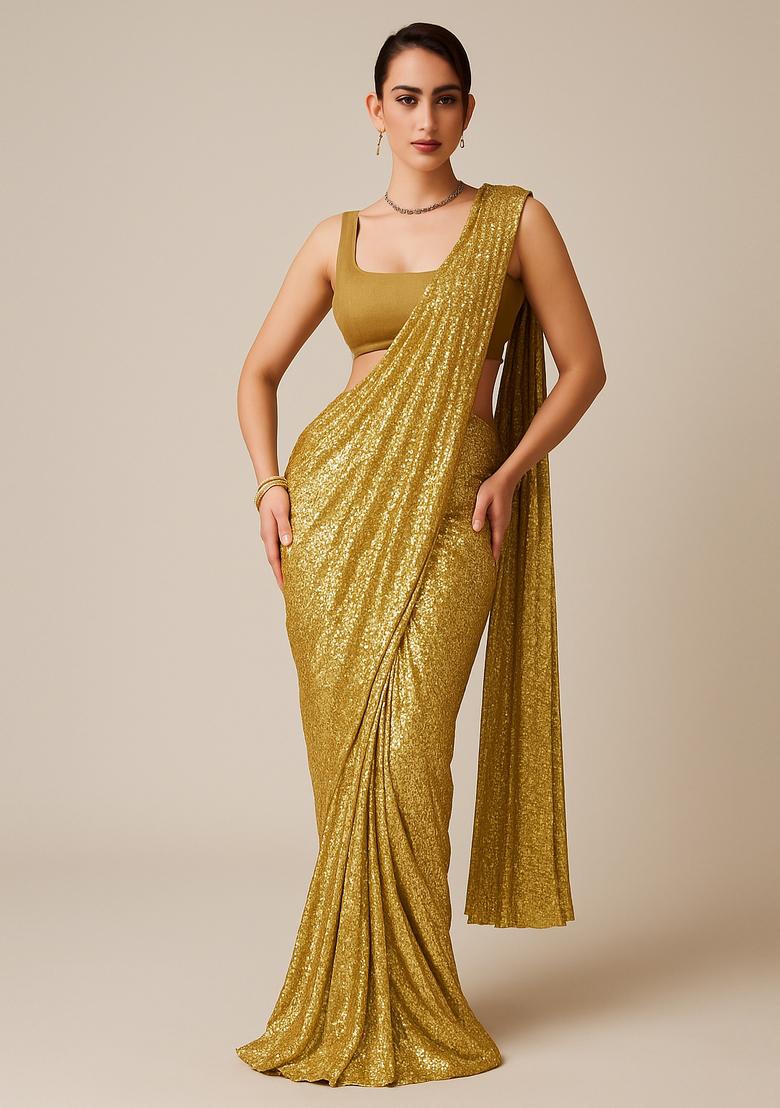 Golden Sequin Georgette Pre Draped Saree Set
