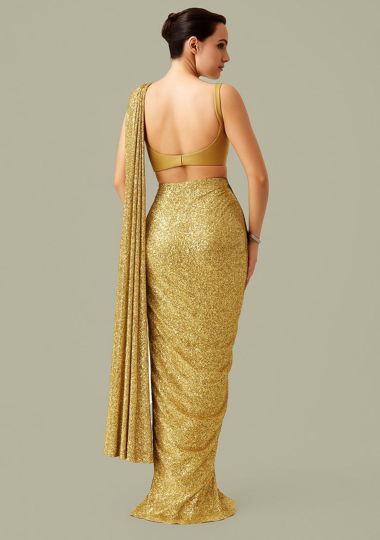 Golden Sequin Georgette Pre Draped Saree Set