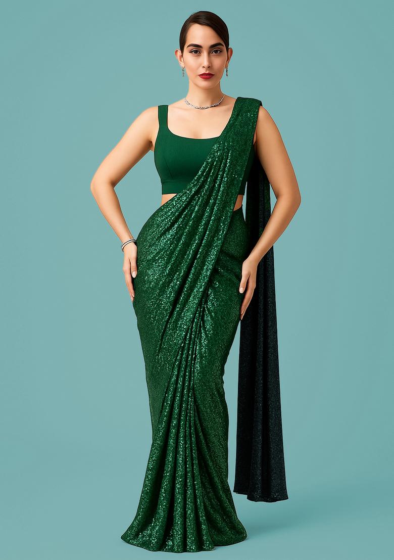 Bottle Green Sequin Georgette Pre Draped Saree Set