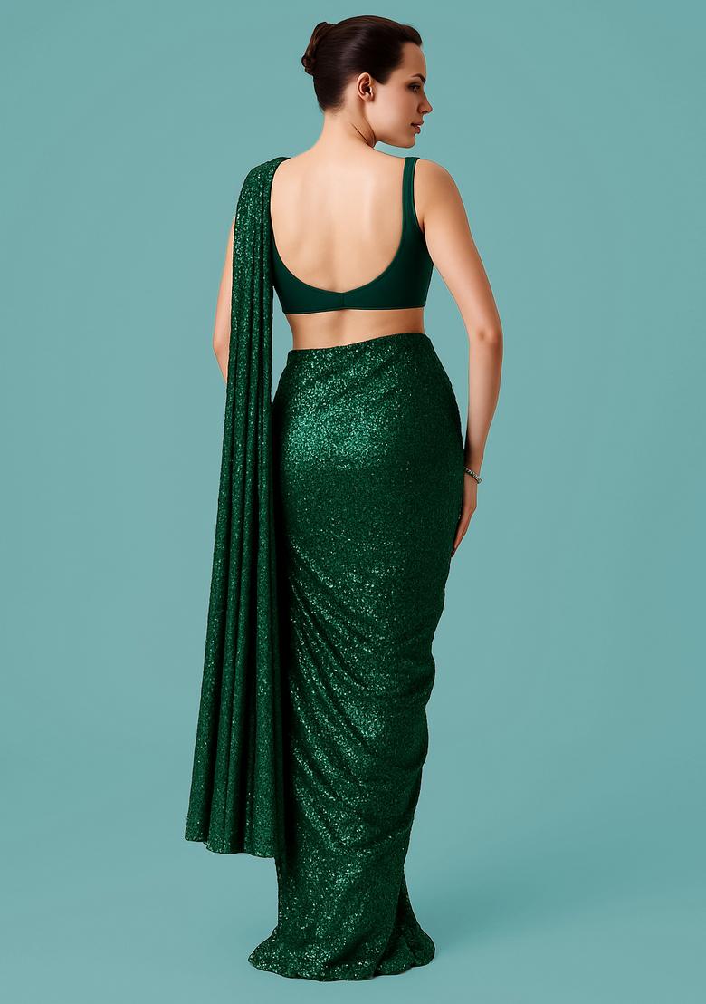 Bottle Green Sequin Georgette Pre Draped Saree Set