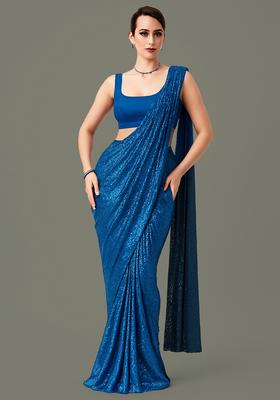 Royal Blue Sequin Georgette Pre Draped Saree Set