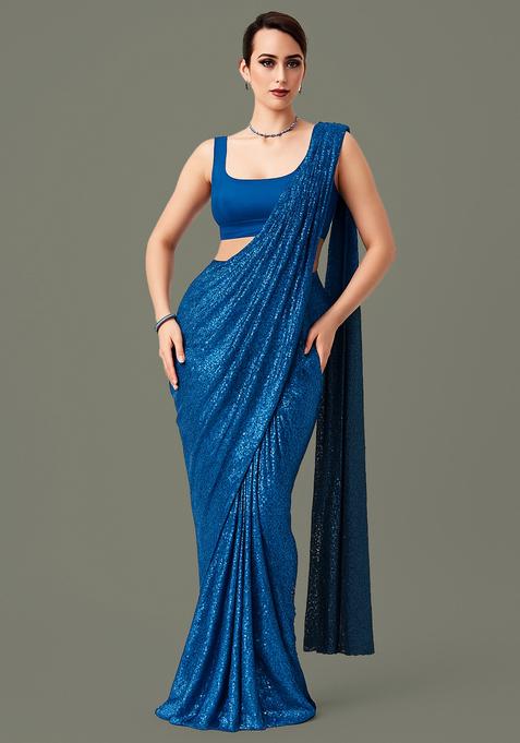 Royal Blue Sequin Georgette Pre Draped Saree Set