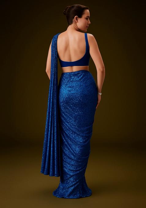 Royal Blue Sequin Georgette Pre Draped Saree Set