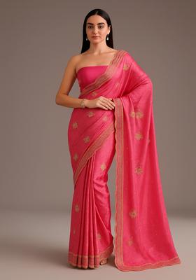 Pink Zari Sequin Crepe Pre Draped Saree Set