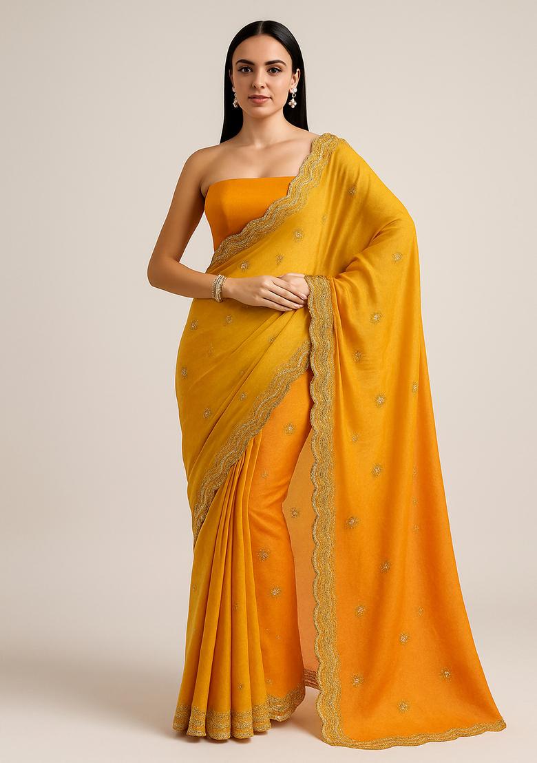 Yellow Zari Sequin Crepe Pre Draped Saree Set