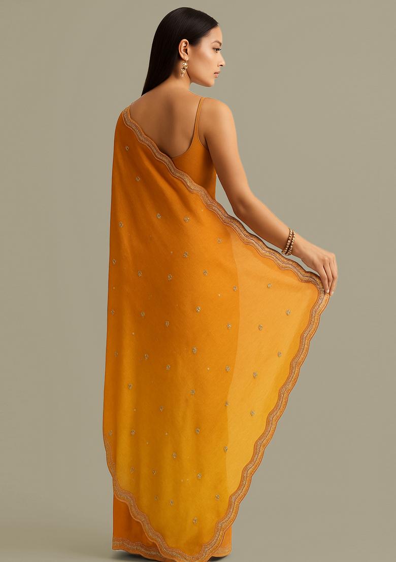 Yellow Zari Sequin Crepe Pre Draped Saree Set