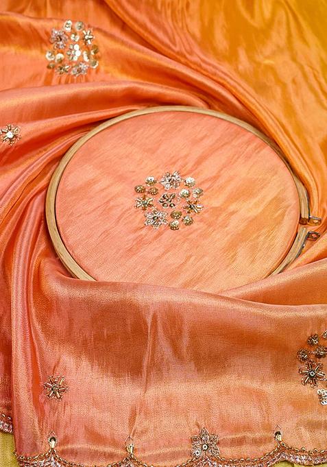 Yellow Zari Sequin Crepe Pre Draped Saree Set