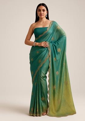 Green Zari Sequin Crepe Pre Draped Saree Set