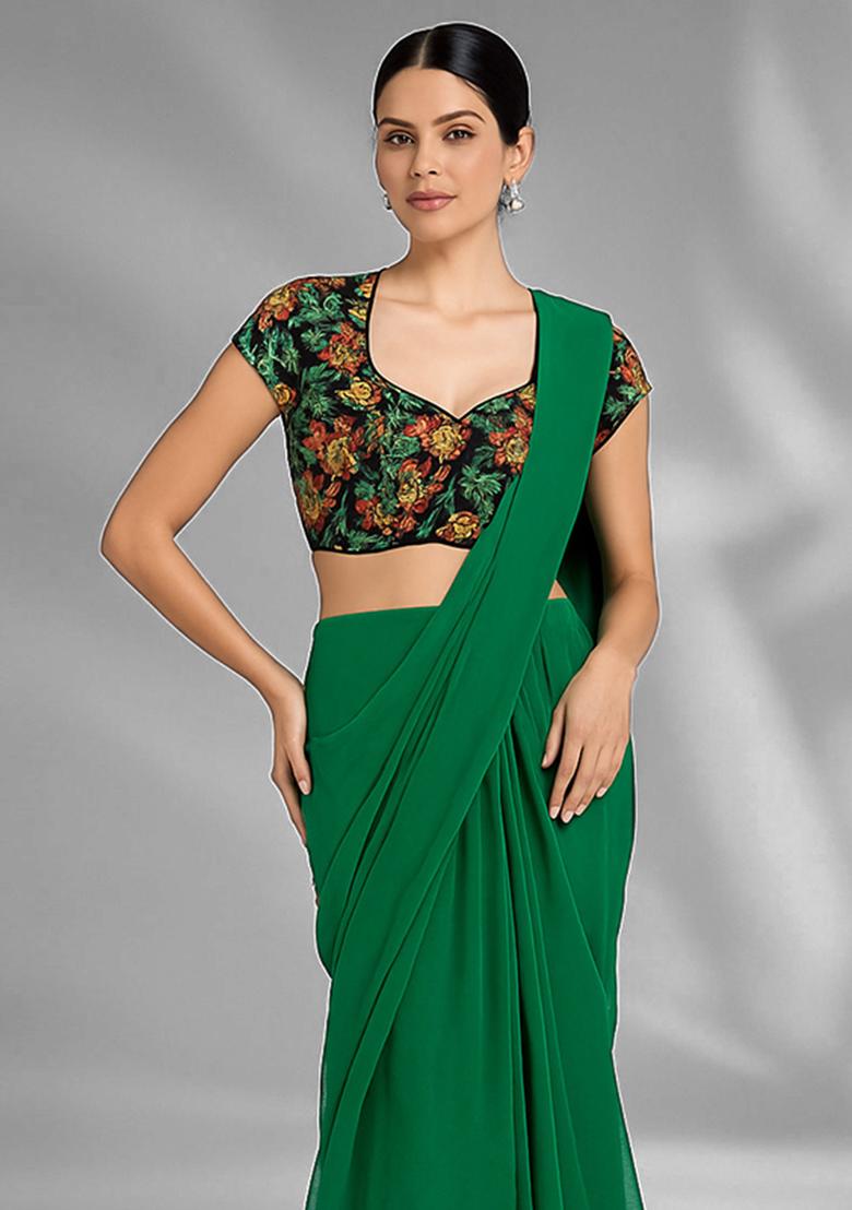 Green Embroidered Blouse Chiffon Pre Draped Saree Set