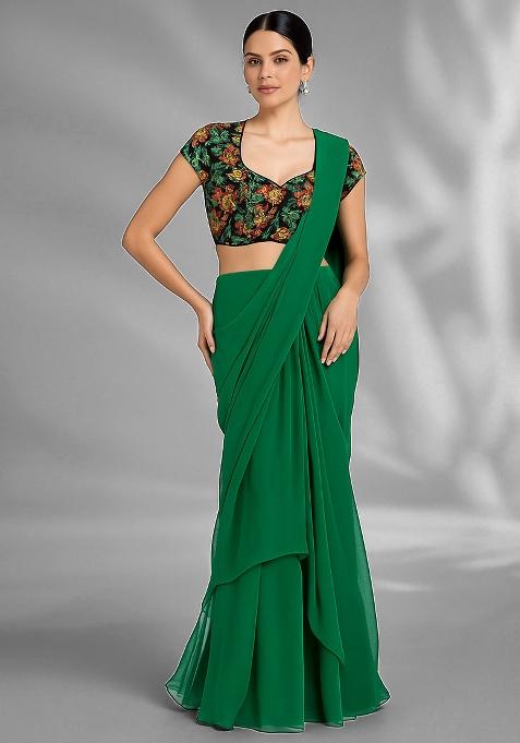 Green Embroidered Blouse Chiffon Pre Draped Saree Set