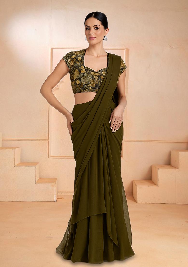 Green Embroidered Blouse Chiffon Pre Draped Saree Set