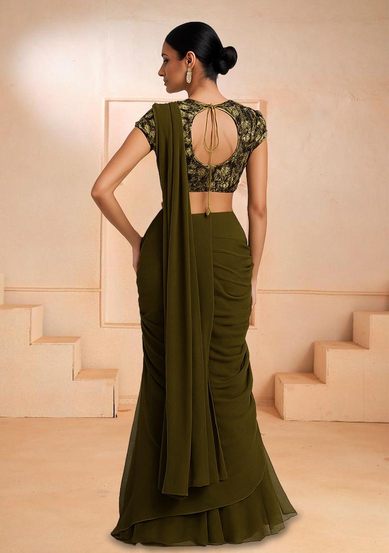 Green Embroidered Blouse Chiffon Pre Draped Saree Set