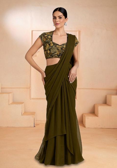 Green Embroidered Blouse Chiffon Pre Draped Saree Set