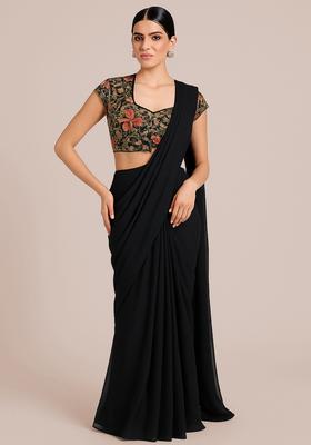Black Embroidered Blouse Chiffon Pre Draped Saree Set