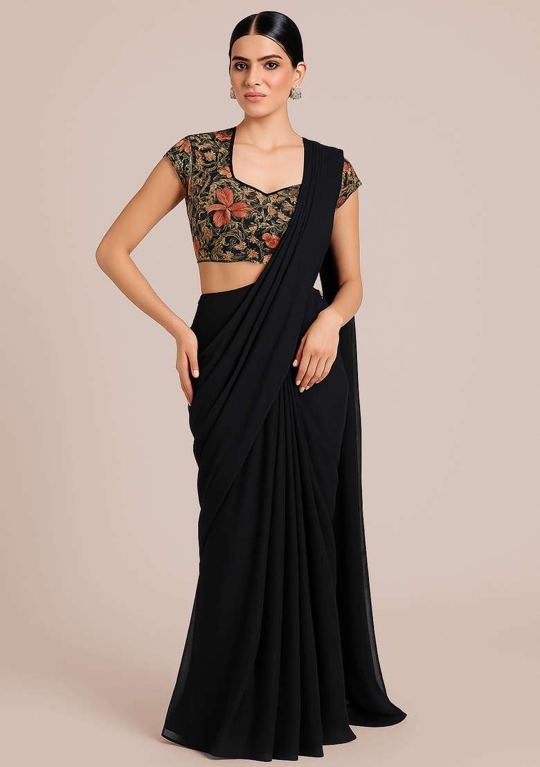 Black Blouse Chiffon Pre Draped Saree Set with Embroidered for Diwali | Wedding & Festive Wear - Indya