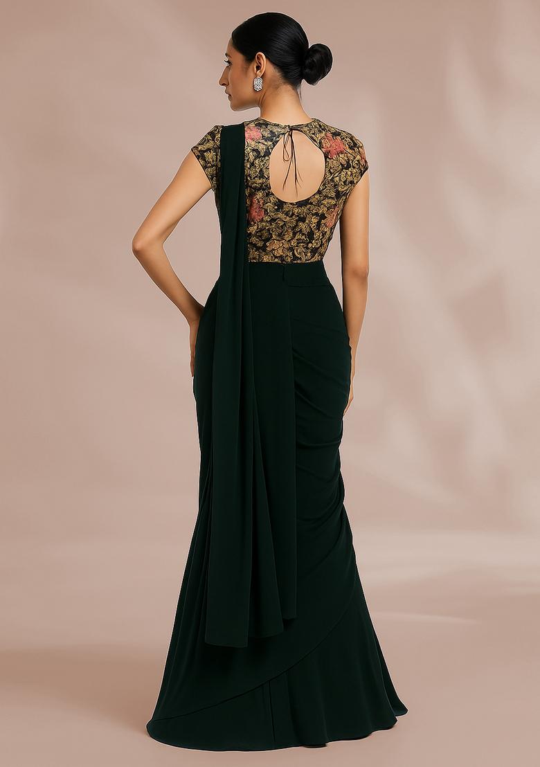 Black Embroidered Blouse Chiffon Pre Draped Saree Set - Indya