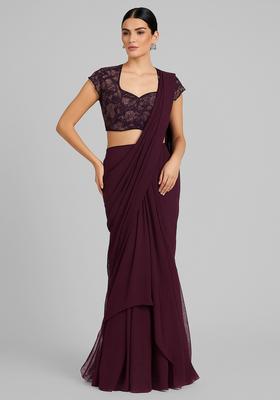 Purple Embroidered Blouse Chiffon Pre Draped Saree Set