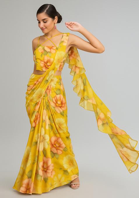 Mustard Printed Chiffon Pre Draped Saree Set