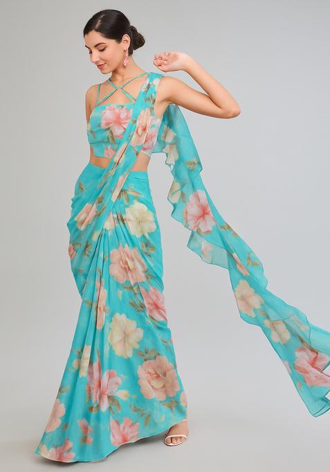 Sky Blue Printed Chiffon Pre Draped Saree Set