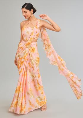 Pink Printed Chiffon Pre Draped Saree Set
