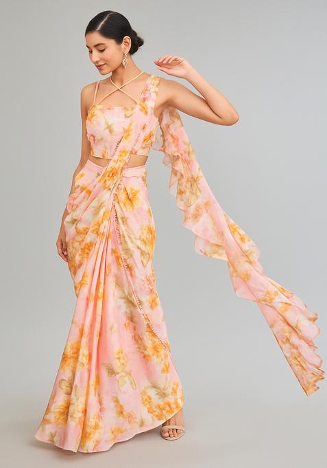 Pink Printed Chiffon Pre Draped Saree Set
