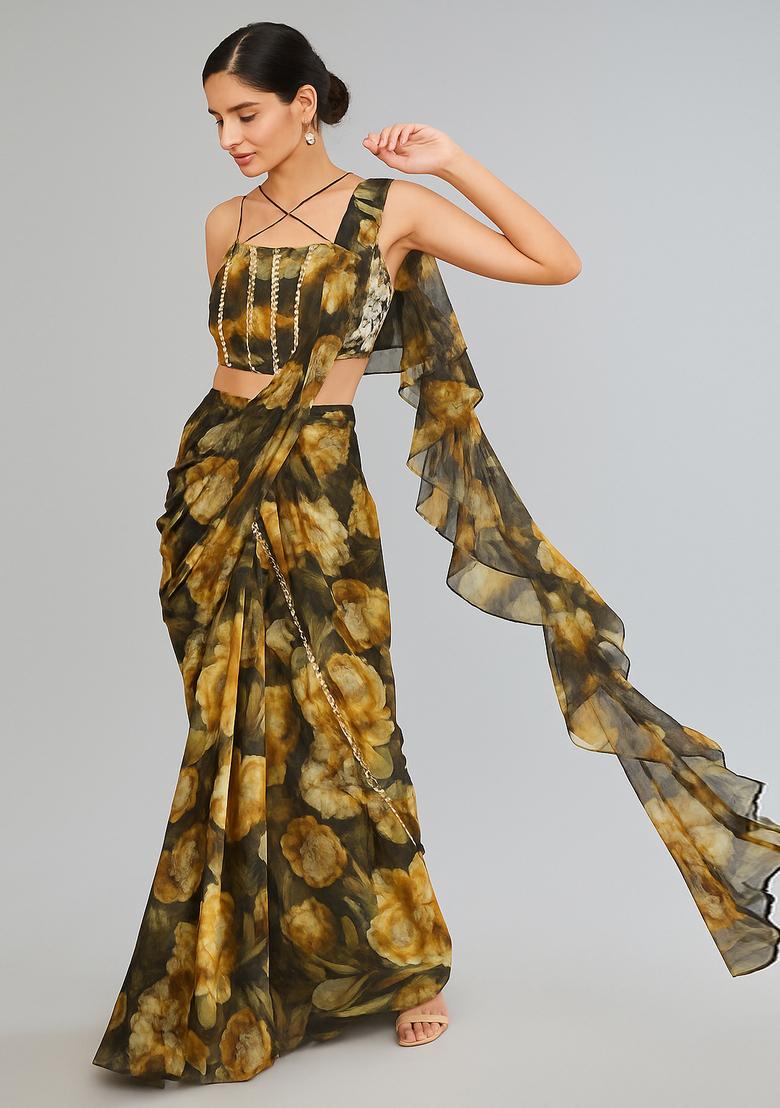 Multicolor Printed Chiffon Pre Draped Saree Set