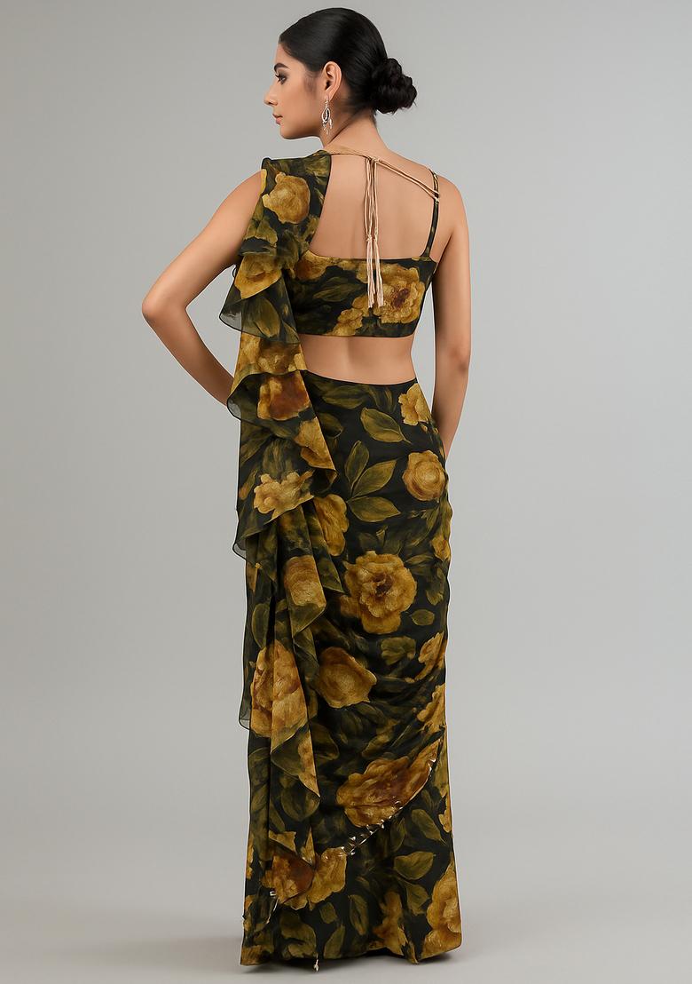 Multicolor Printed Chiffon Pre Draped Saree Set