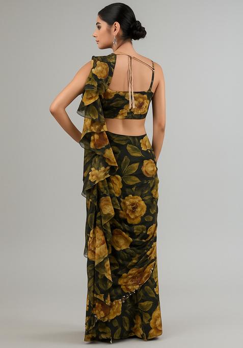 Multicolor Printed Chiffon Pre Draped Saree Set