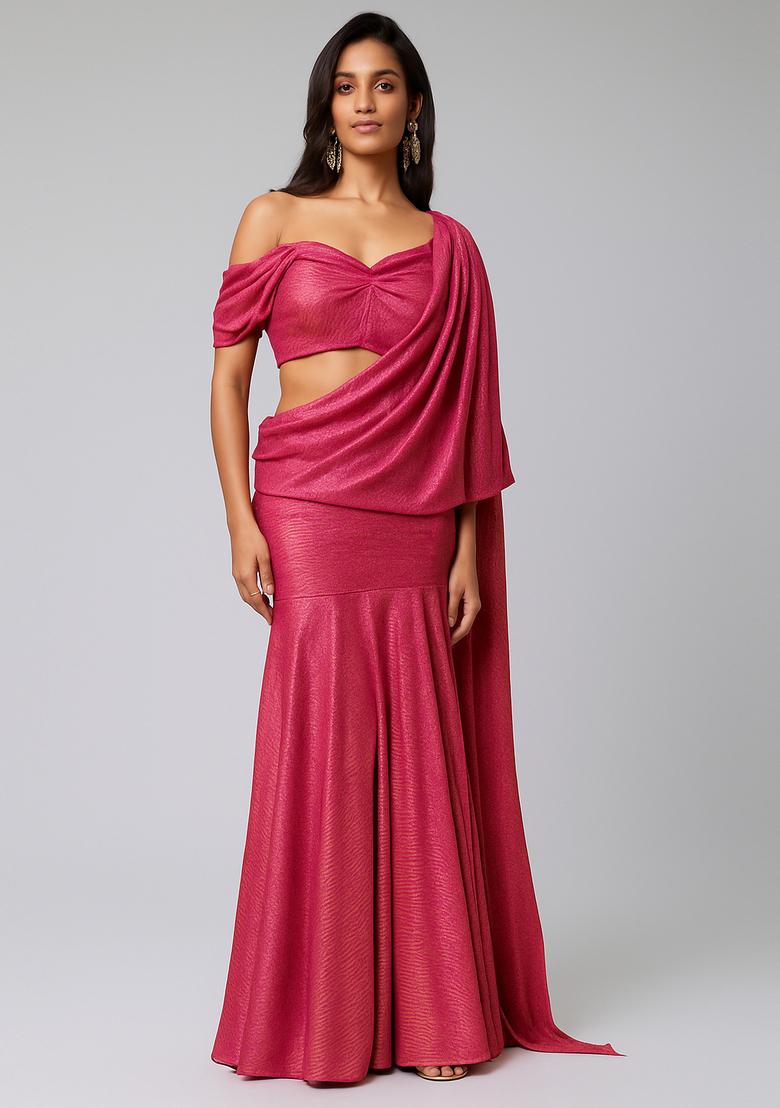 Pink Solid Pleated Foil Knit Pre Draped Saree Set