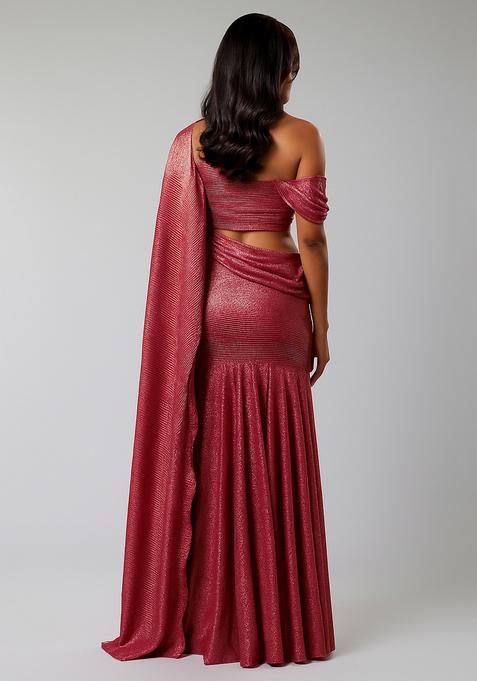 Pink Solid Pleated Foil Knit Pre Draped Saree Set