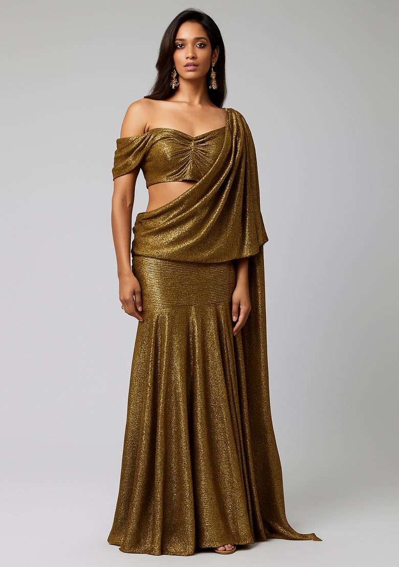 Green Solid Pleated Foil Knit Pre Draped Saree Set