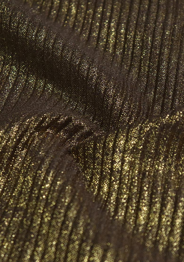 Green Solid Pleated Foil Knit Pre Draped Saree Set