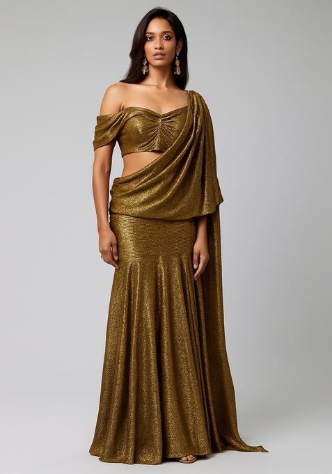 Green Solid Pleated Foil Knit Pre Draped Saree Set