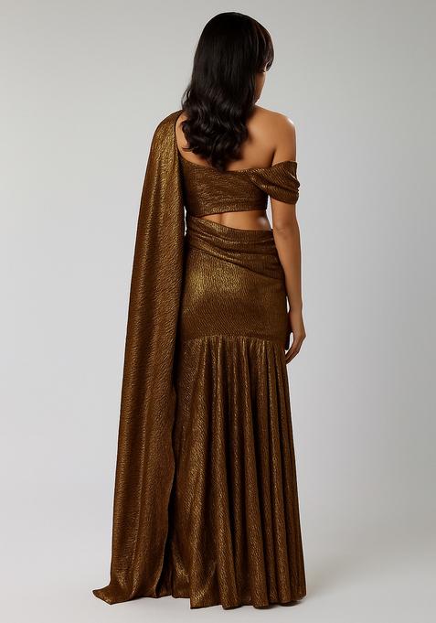 Green Solid Pleated Foil Knit Pre Draped Saree Set